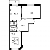 2-комнатная квартира 68,9 м²