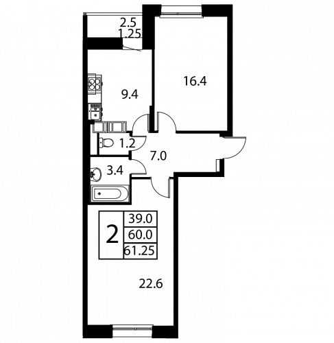 2-комнатная, квартира, 61.25 м²
