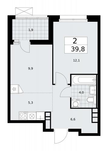 2-комнатная, 39.8 м²