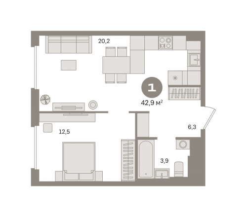 1-комнатная, квартира, 42.86 м²