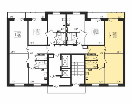 2-комнатная, квартира, 69.7 м²