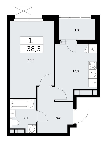 1-комнатная квартира №24К-25.3-414, 38,3 м² за 12,59 млн руб. в ЖК «Скандинавия» - планировка