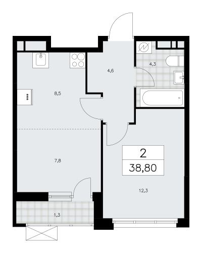 2-комнатная, 38.8 м²