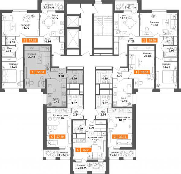 1 комната до 38.33