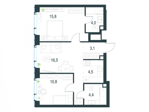 3-комнатная, 59.1 м²