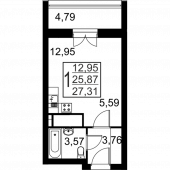 1-комнатная квартира 27.31 м²
