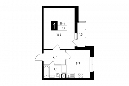 1-комнатная, квартира, 37.7 м²