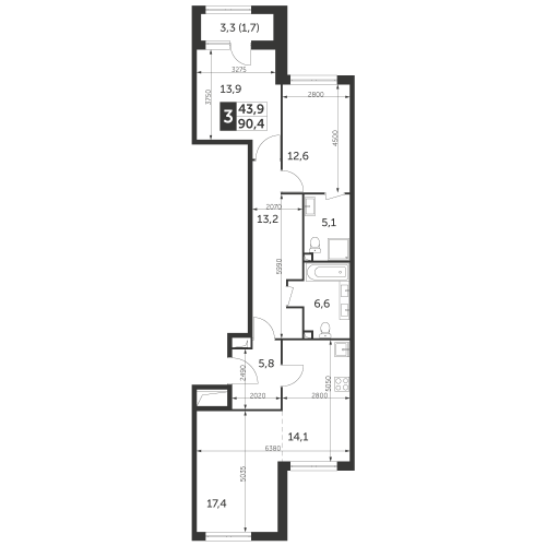 3-комнатная, квартира, 90.4 м²