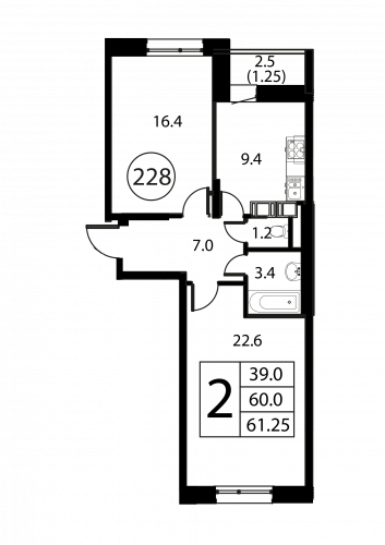 2-комнатная, квартира, 61.25 м²