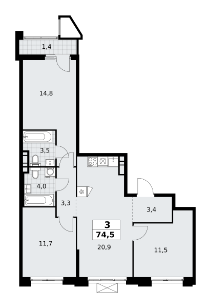 3 комнаты до 74.5