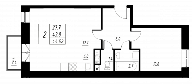 2-комнатная квартира 44 м²