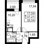 1-комнатная квартира 38,54 м²
