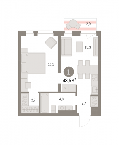 1-комнатная, 43.52 м²