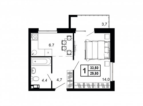1-комнатная, 34.3 м²