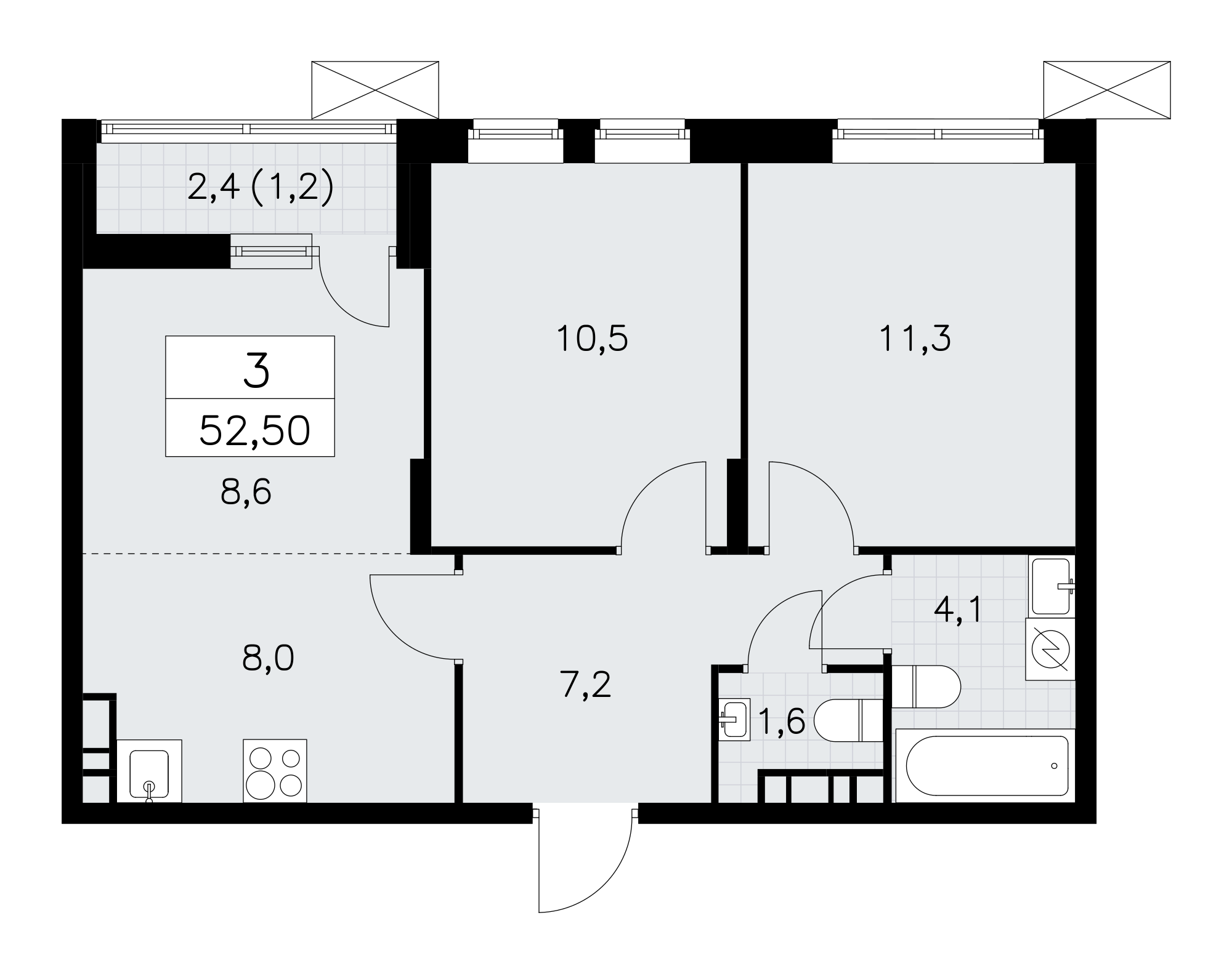 3-комнатная квартира №58К-5.2.5-929, 52,4 м² за 18,15 млн руб. в ЖК «Прокшино» - планировка