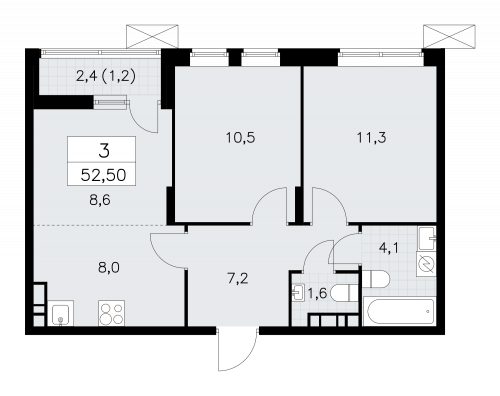 3-комнатная, 52.4 м²