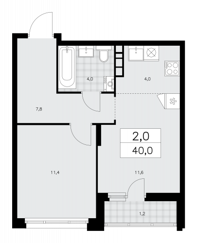 2-комнатная, 40 м²