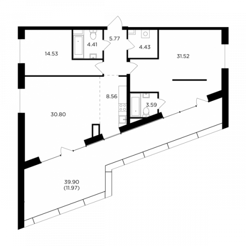 3-комнатная, 115.58 м²