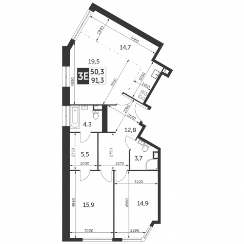3-комнатная, квартира, 91.3 м²