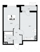 1-комнатная квартира 40 м²