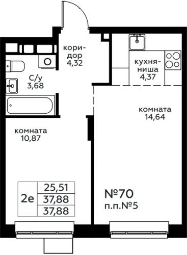 2-комнатная, 37.88 м²