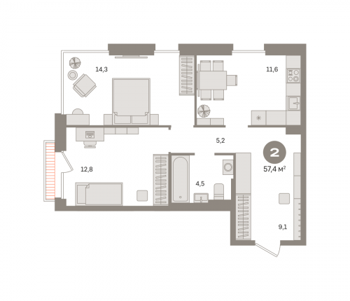 2-комнатная, квартира, 57.39 м²