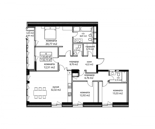 Многокомнатная, 137.4 м²