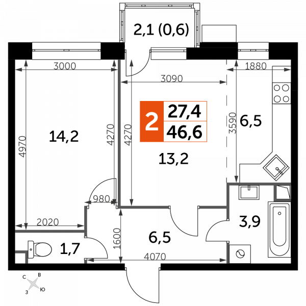 2 комнаты до 46.6