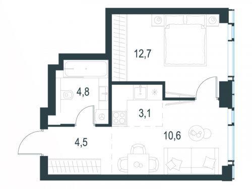 2-комнатная, 35.7 м²
