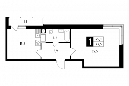 1-комнатная, квартира, 47.5 м²