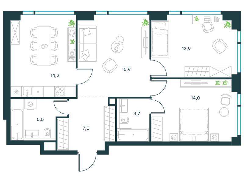 3-комнатные апартаменты №228, 74,2 м² за 30,58 млн руб. в ЖК «Level Мичуринский» - планировка