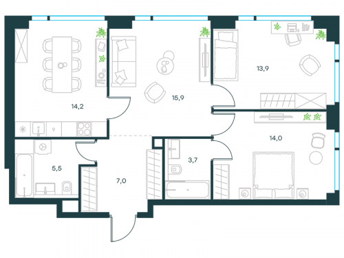 3-комнатная, квартира, 74.2 м²