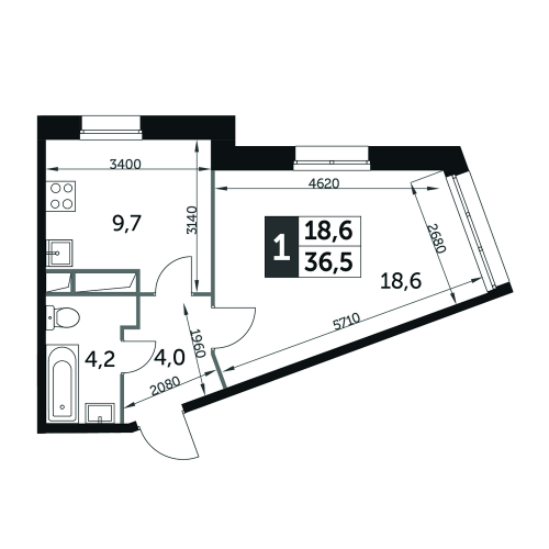 1-комнатная, квартира, 36.6 м²