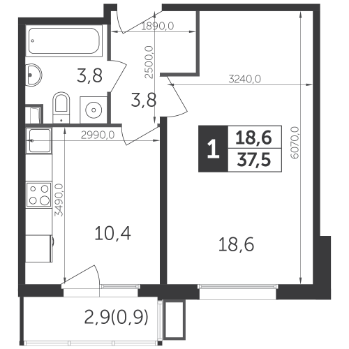 1-комнатная, квартира, 37.3 м²