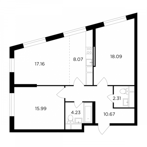 3-комнатная, 76.48 м²