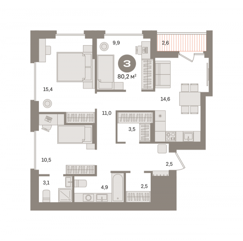 3-комнатная, квартира, 80.15 м²
