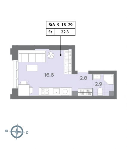 Студия, 22.4 м²