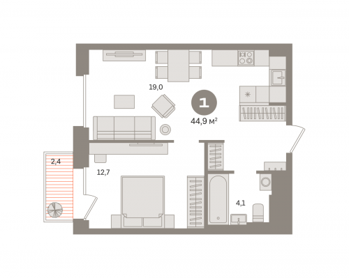 1-комнатная, квартира, 44.86 м²