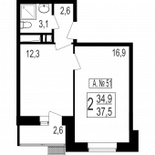 1-комнатная квартира 34,9 м²