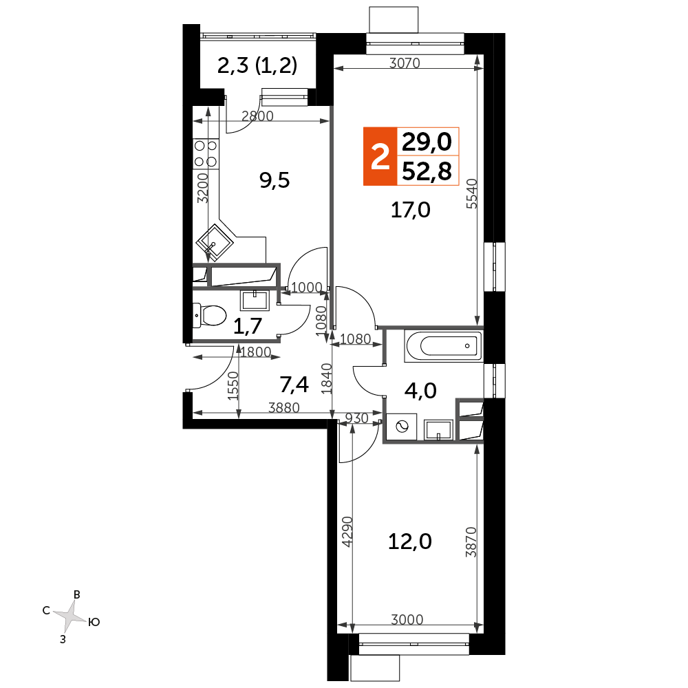 2-комнатная квартира №897, 52,8 м² за 10,63 млн руб. в ЖК «Датский квартал» - планировка