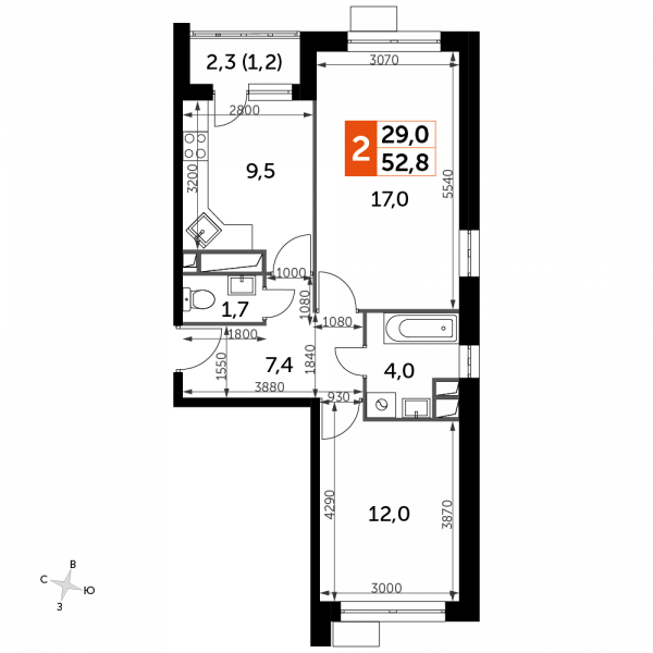 2 комнаты до 52.8