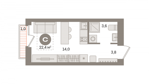 Студия, 22.43 м²