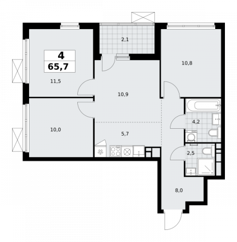 Многокомнатная, 65.7 м²
