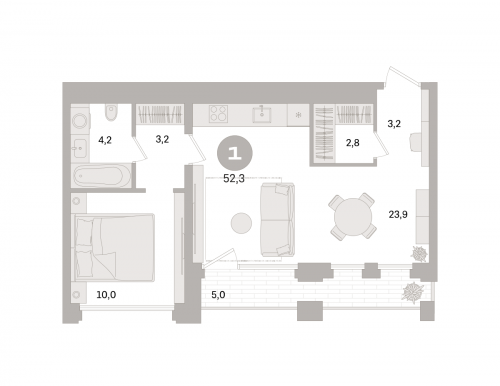 1-комнатная, квартира, 52.3 м²