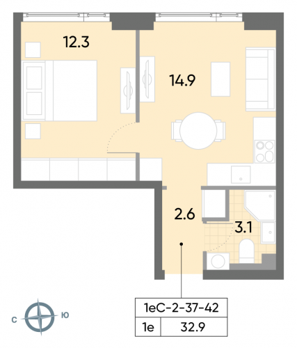 1-комнатная, квартира, 32.9 м²