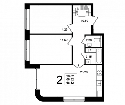 2-комнатная, квартира, 68.32 м²