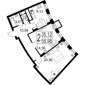 2-комнатная квартира 58,98 м²