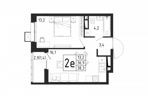 1-комнатная, квартира, 38.3 м²