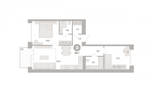 2-комнатная, квартира, 66.7 м²