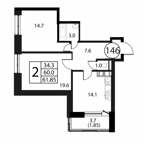 2-комнатная, квартира, 61.85 м²